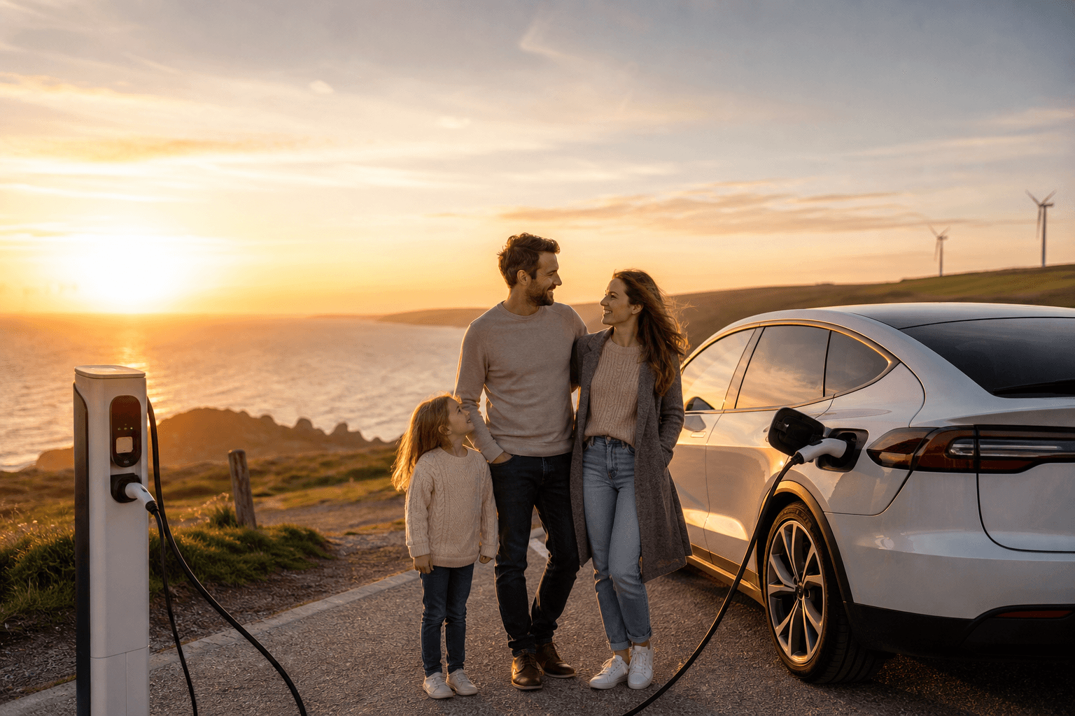 Family with an electric car at a scenic UK coastal charging stop