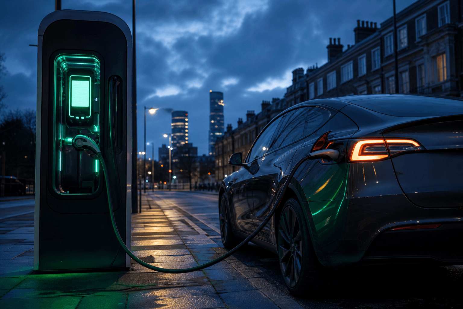Electric vehicle at an ultra-fast public DC charger at twilight
