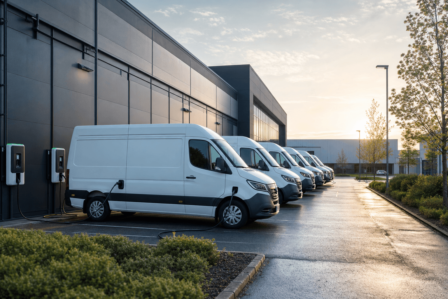 Electric fleet vans charging at a workplace depot