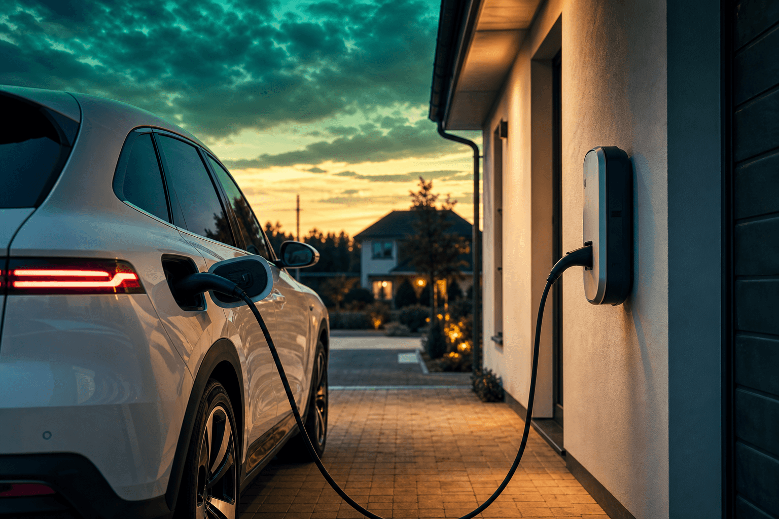 Electric vehicle charging at home on a UK driveway at dusk